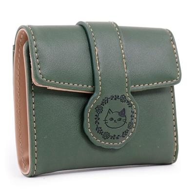 Chanfee Compact Wallet with Cute Cat Wreath Pattern and Embossed Belt Women's Tri-fold (Green)