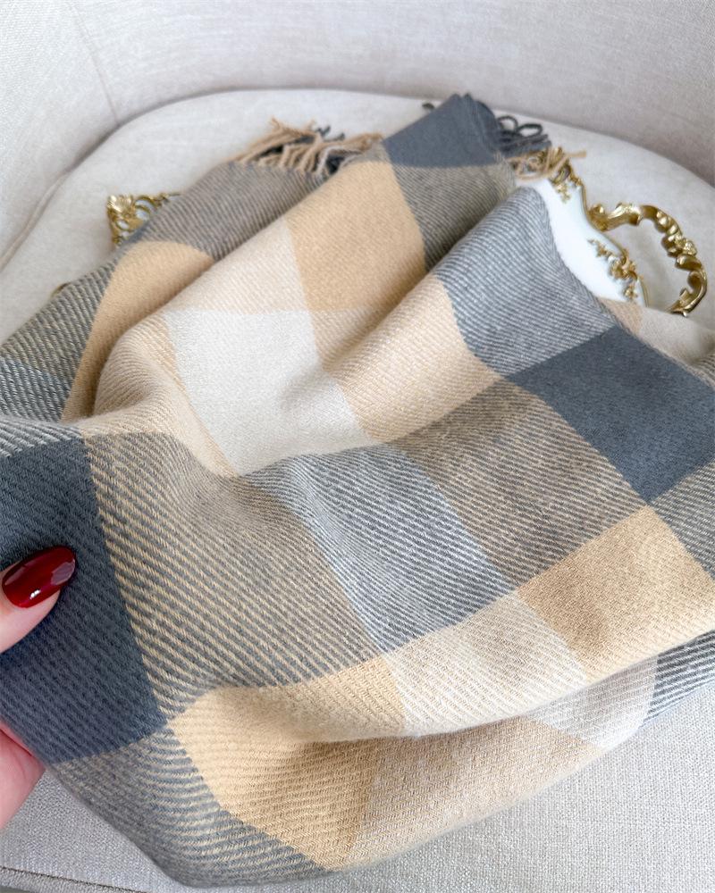 Unisex Korean Plaid Thick Winter Scarf with Tassels - Imitation Cashmere Shawl