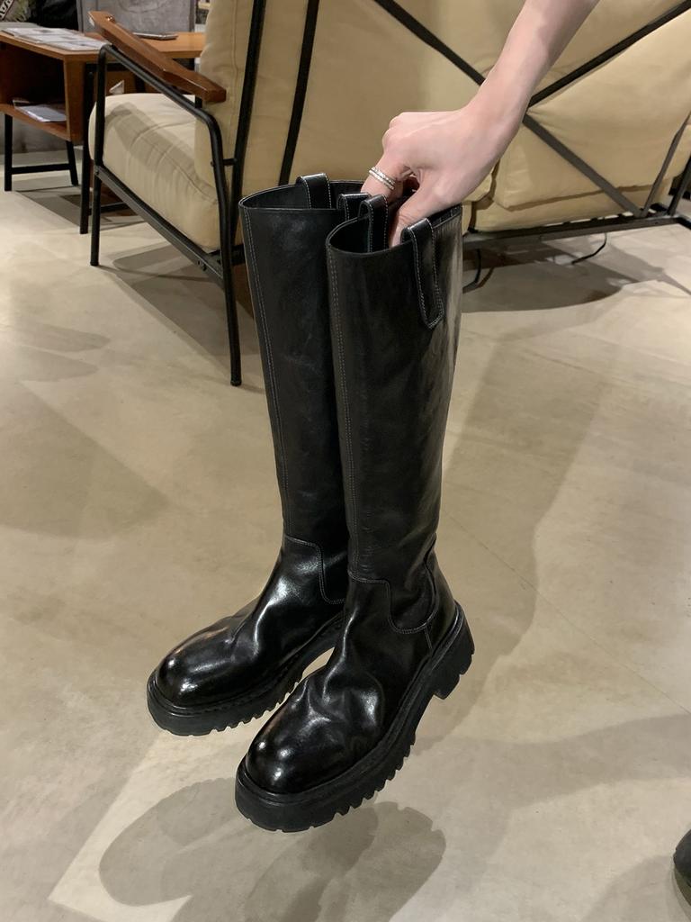 Shoe Shrink Horse Leather Round Head Thick Sole Thick Heel Skinny Medium Long Knight Boots