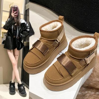 Sapatos de inverno femininos de camurça de vaca, botas de neve da moda para meninas, botas de plataforma de designer planas, tênis de luxo com espessamento casual