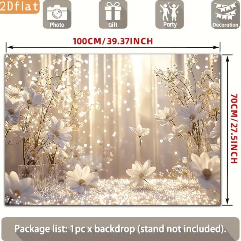 2D Printed Backdrop with White Flowers, Vases, and Sparkling Bokeh Lights