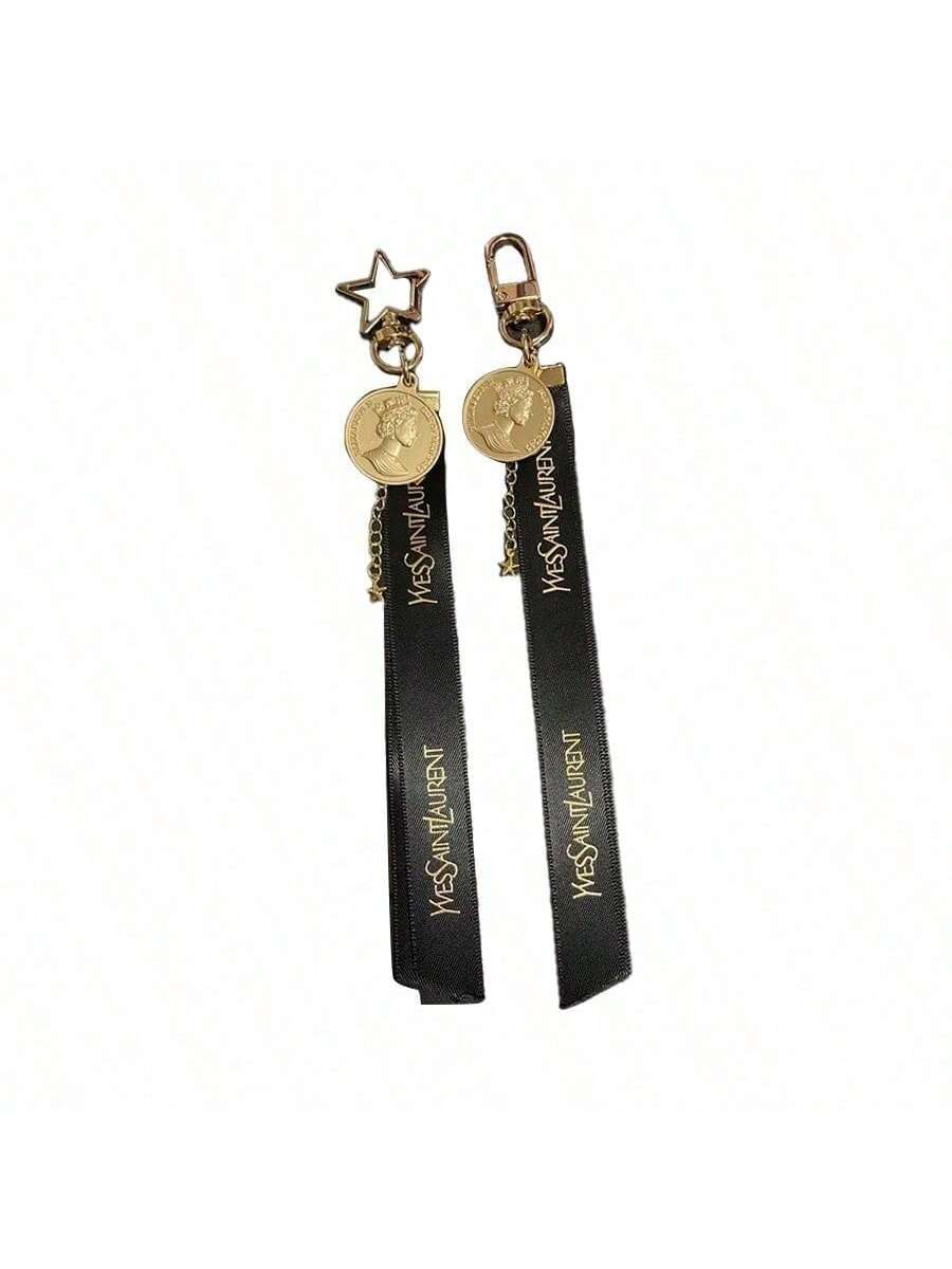 

YSL набор из двух предметов: высококлассный винтажный кошелек для монет и подвеска для сумки: элегантные монеты в сочетании с черной лентой, идеальный набор подвесок для сумки для женщин. чёрный