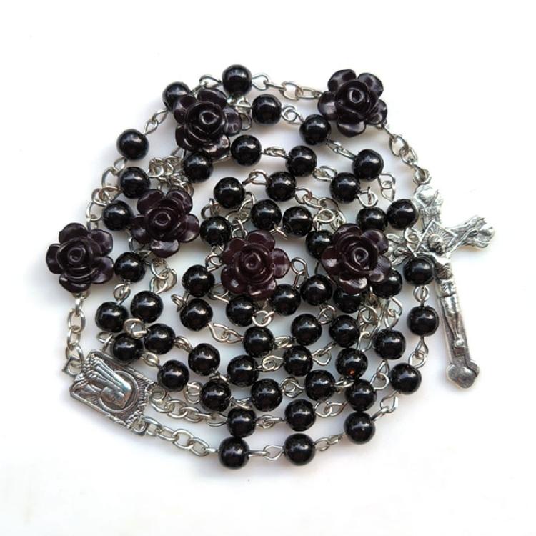 Devotional Rosary Necklace for Women, Acrylic Pearl Beads With Crosses, Fashionable Spiritual Wear