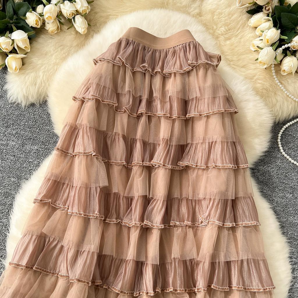 Summer Women Elegant Ruffles Mesh Tulle Cake Long Maxi Skirt