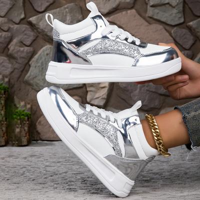 White High-top Sneakers Women's Shoes Thick Bottom Bling Skate Shoes