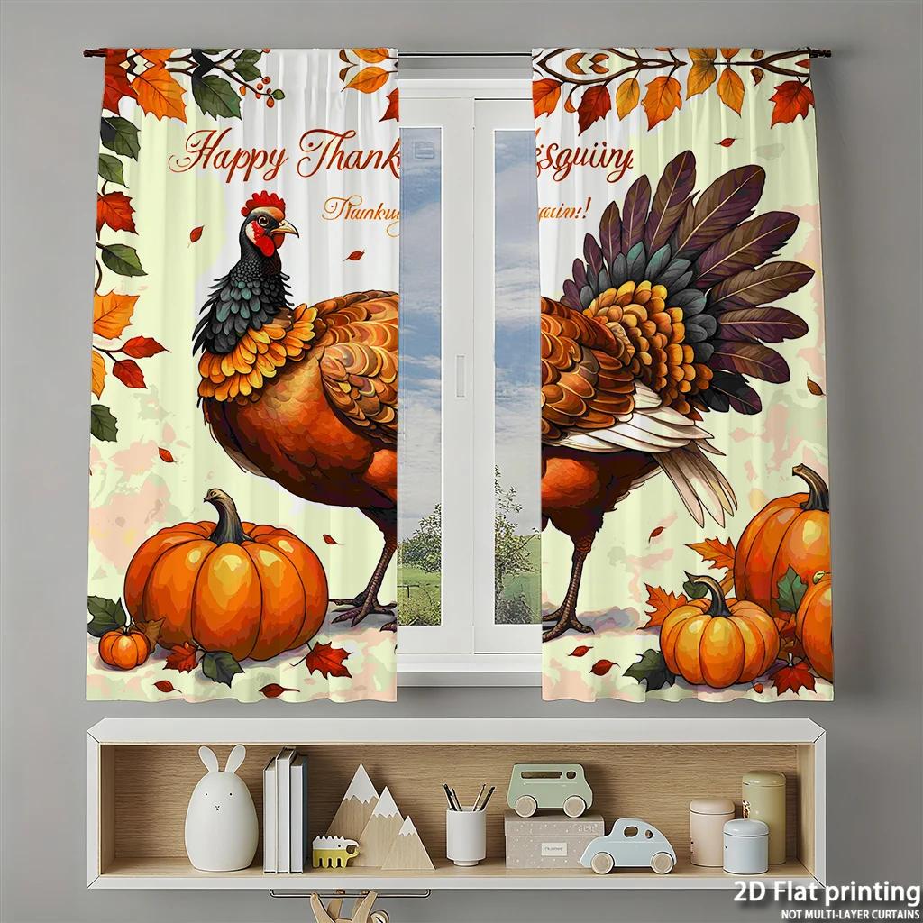 Piece Set High Definition Digital Printed Curtainsthanksgiving Style Pheasant Orange Pumpkins Autumn Leaveshome Decoration Curtain Polyester