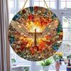 Decoração Pendurada Apanhador de Sol Asa de Anjo Vidro Manchado Acrílico Plano 2D Vidro Pendurado na Janela Parede Ornamento Placa Redonda Presente Religioso Cristão