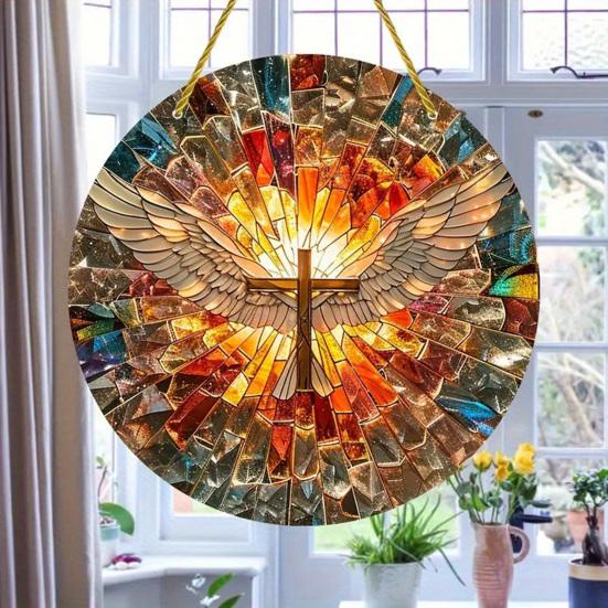 Angel Wing Suncatcher Hanging Decoration Stained Glass 2D Flat Acrylic Glass Window Wall Hanging Round Sign Ornament Christian Religious Gift