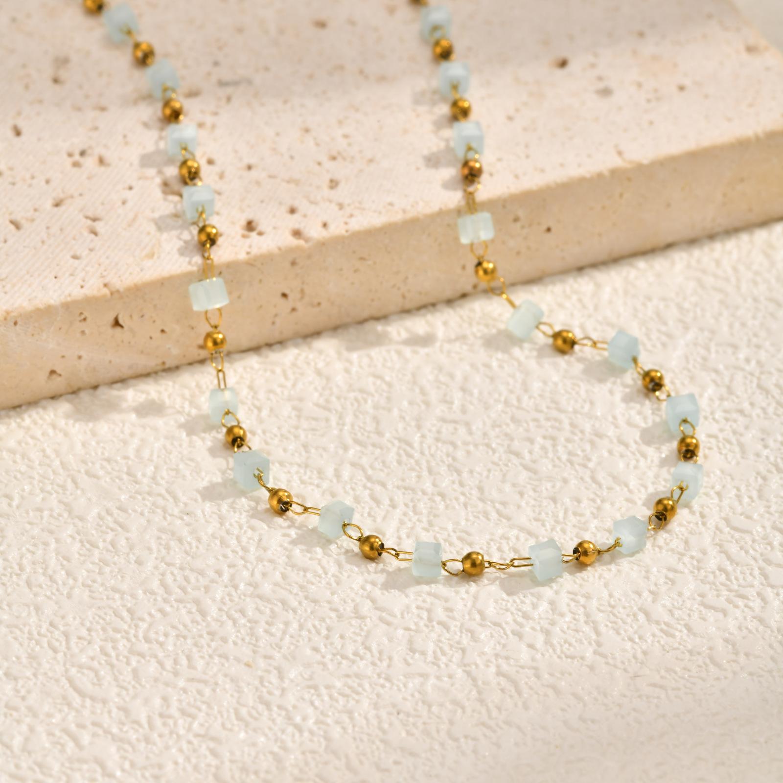 

Trendy Boho Light Blue Bead Chain Necklace for Women Stainless Steel Chain Charm Necklaces Gold Plated Dainty Jewelry Gift