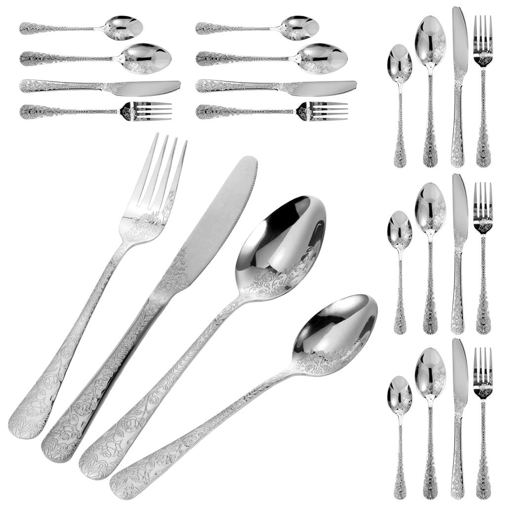 24Pcs Retro Rose Carved Silverware Set Stainless Steel Fork Spoon and Knife Mirror Polished Flatware Set Home Festival Party Use