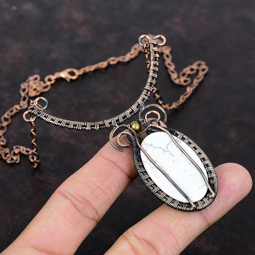 Howlite Necklace Copper Wire Wrapped Necklace Handmade Gemstone Jewelry Adjustable Necklace Copper Wire Wrapped Jewelry Gift For Anniversary