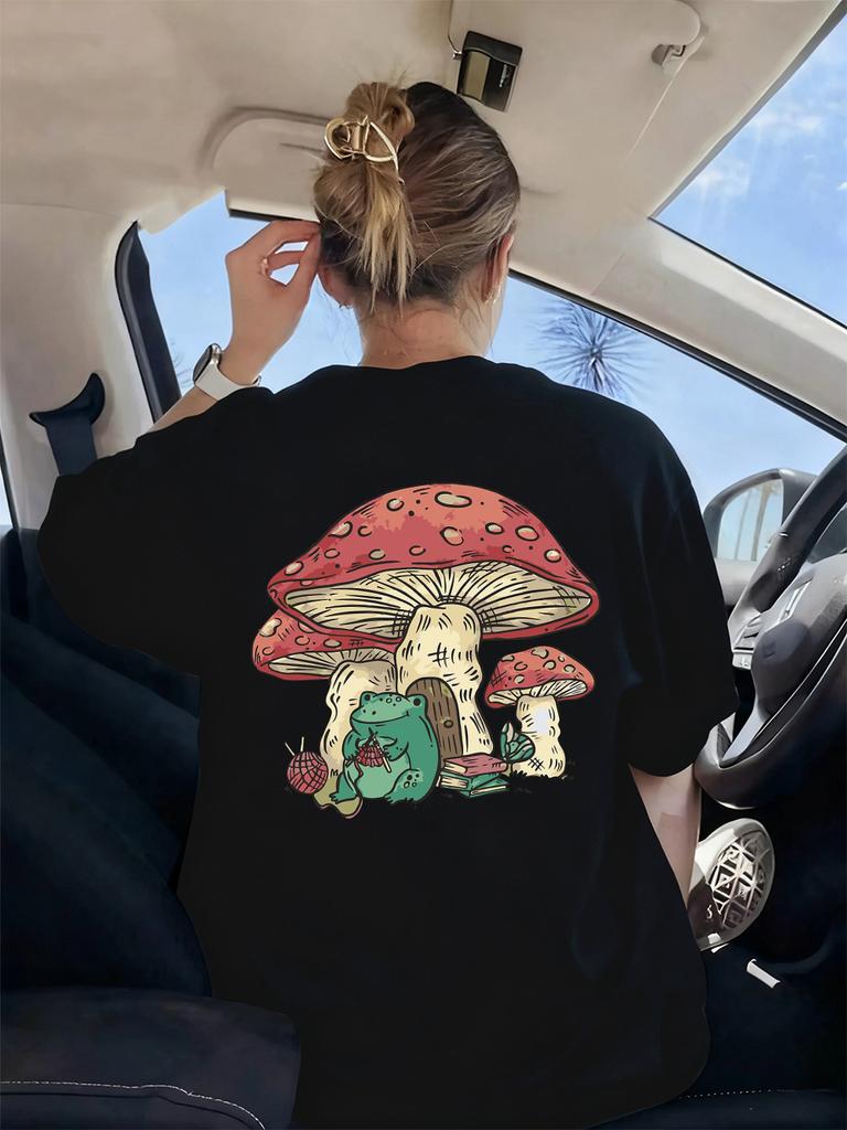 Frog Under Mushroom Printing TShirt Womens Basics Loose T Shirts ONeck Soft Short Sleeve Tops Summer Comfortable Woman Clothes
