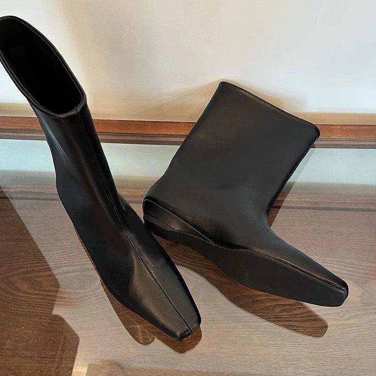 Cowhide version~ Korean niche small square head slope straight mid-tube boots women's 2025 new thin boots Chelsea boots
