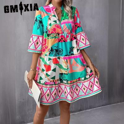 Vestidos casuales de manga corta con cuello en V para mujer, moda, verano, primavera