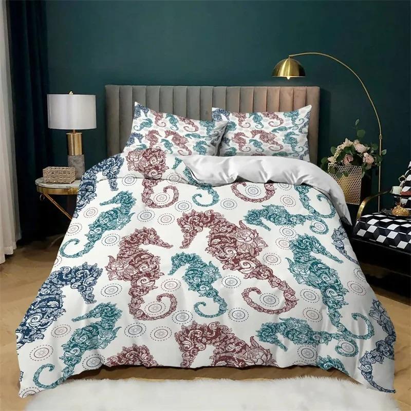 Ocean Bedding Set KingQueen Size Nautical Coastal Bedding Hippocampus Comforter Cover for Kids Boys Girls,Sea Animal Duvet Cover