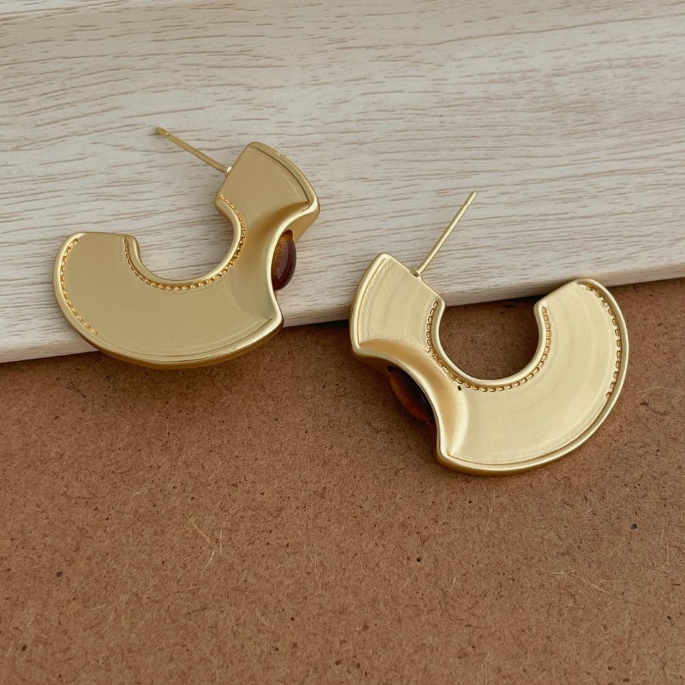 

New Trend Natural Stone Tiger Eye Matte Color Metal C Shaped Stud Earrings For Women Real Gold Silver Plated Copper