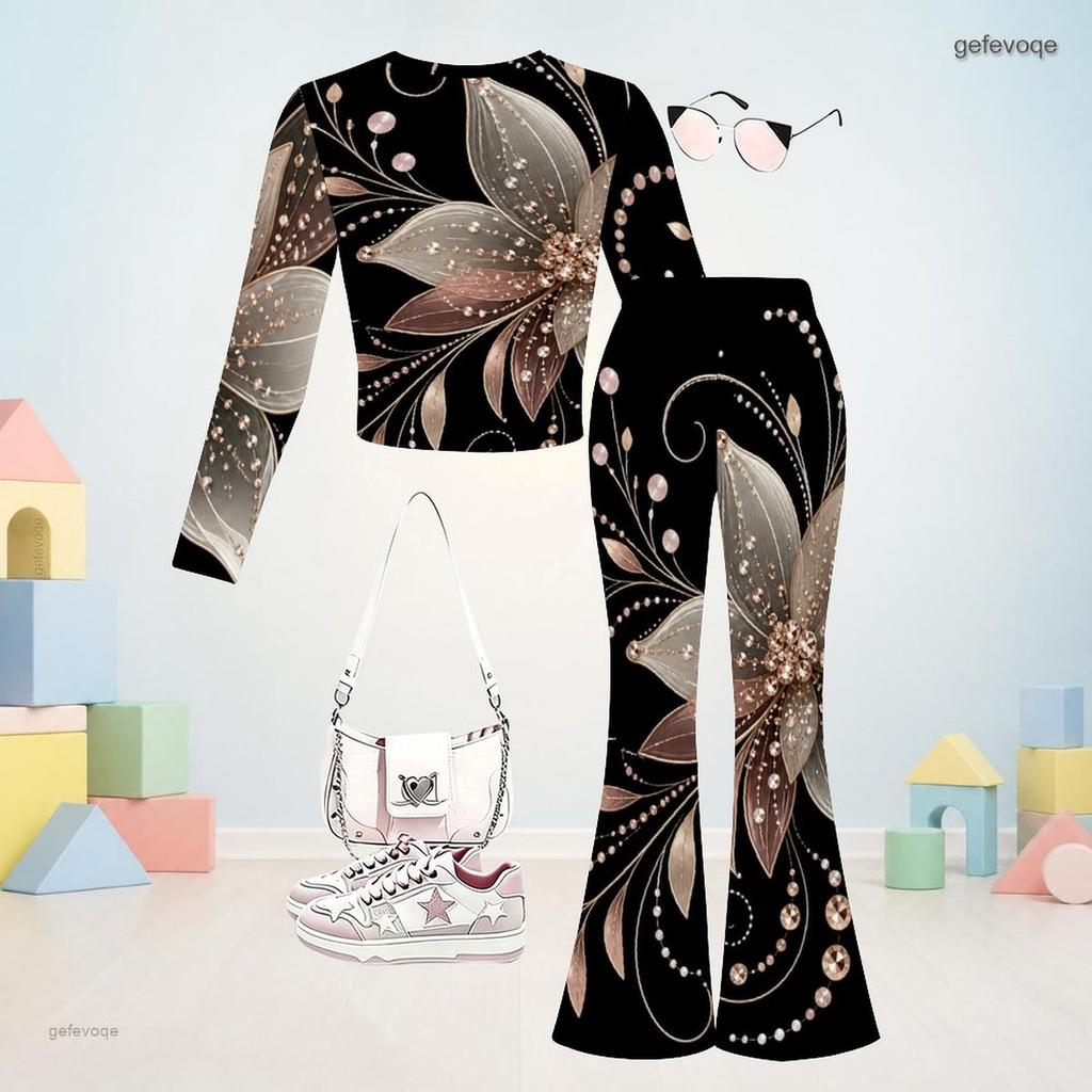 Girls Black Floral Printed Round Neck Long Sleeve Top Flared Pants Two Piece Set