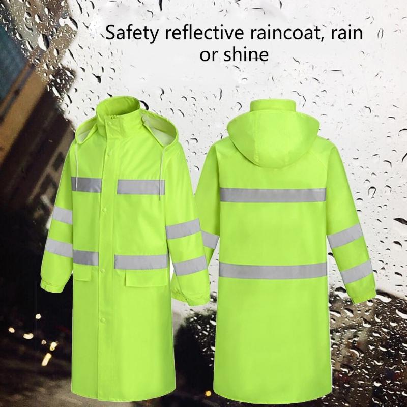 Rain Jacket High Visibility Workwears Safety Concealed Hood Fluorescent Flashing Hooded Long Length Waterproof Work Coat