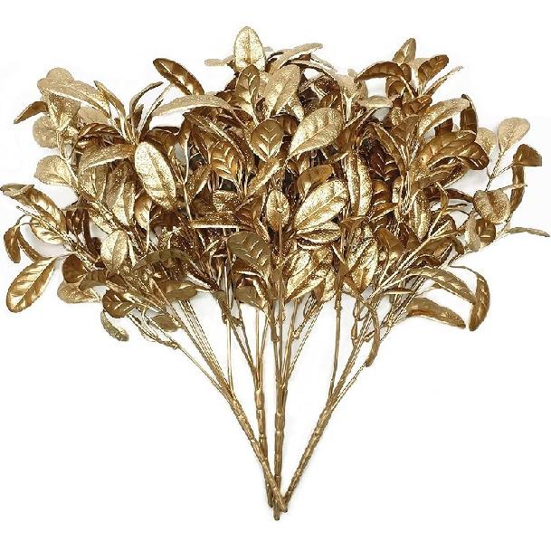 PASYOU Fake Leaves Plants for Christmas Decor, Gold Artificial Shrubs Grass Foliage Plastic Bulk Leaf Indoor Outdoor Home Garden Party Hotel Verandah