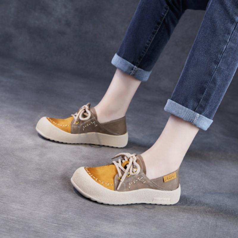 Johnature Dámské boty z pravé kůže, mix barev, kulatá špička, šněrovací, s měkkou podrážkou, ploché boty