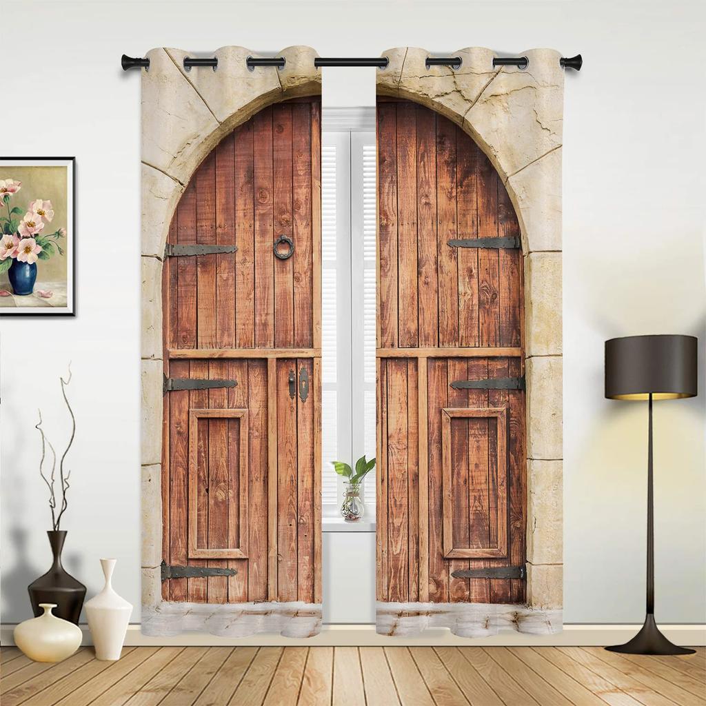 Door Stone and Brick Vintage Window Curtain Drapes Home Decor Living Room Spaces Curtains Kids Room Cortinas Wooden Brown For Kitchen Spaces Bedroom