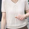 V-neck Hollow Jacquard Knitted Shirt Short Sleeved Summer Versatile Thin Top