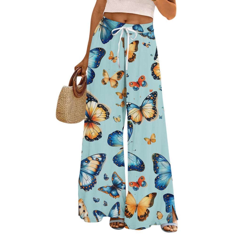 Women's Loose Casual Floral Print Wide Leg Pants With Elastic Waist Drawstring And Pocket Pants