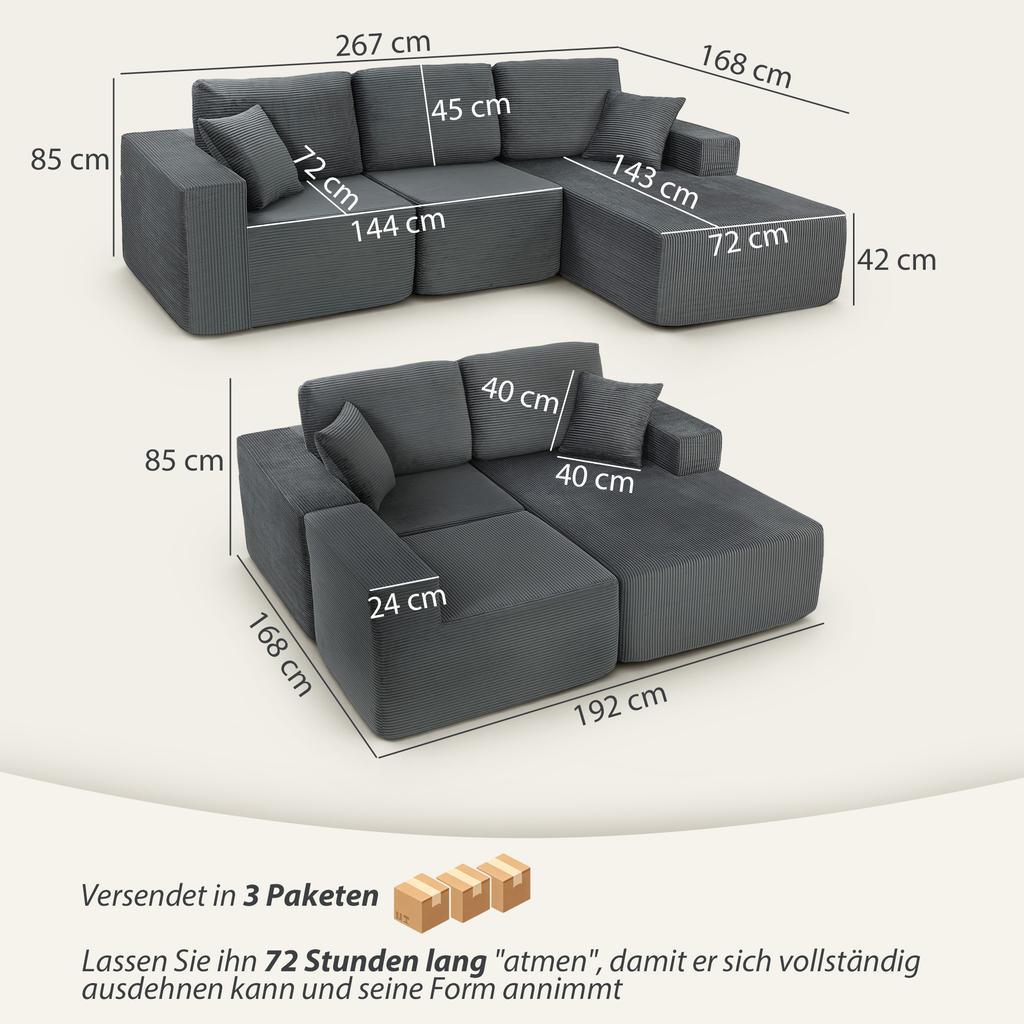 Modular Corner Sofa, L-Shaped Sofa Bed with Deep Seat, Wide Armrests, 2 Cushions, Dark Grey