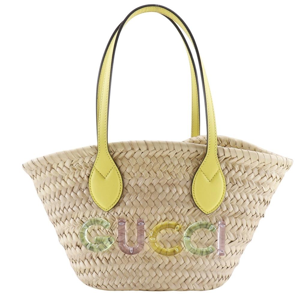 

GUCCI logo Tote Bag 782381 Basket bag yellow straw/leather Women Used