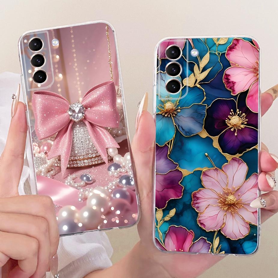 For Samsung Galaxy S21 Plus Case S21 FE Luxury Bow Flowers Painted Cover Soft Silicone Case For Samsung S21 Ultra S 21 S21+ Bags