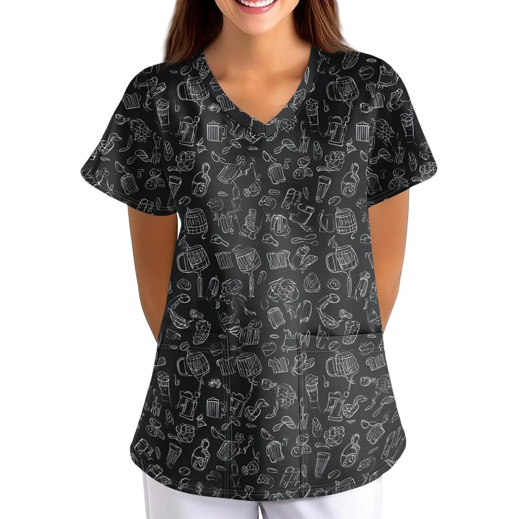 Women's Uniform - Oktoberfest Print Loose V-Neck Short Sleeve with Pockets
