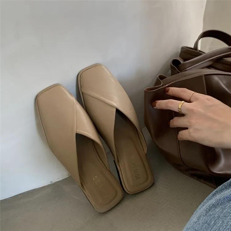 Women Mules Summer Elegant Square Closed Toe Flat Slippers Female Shoes Casual Artificial Leather Black White Slides Plus Size 34-43