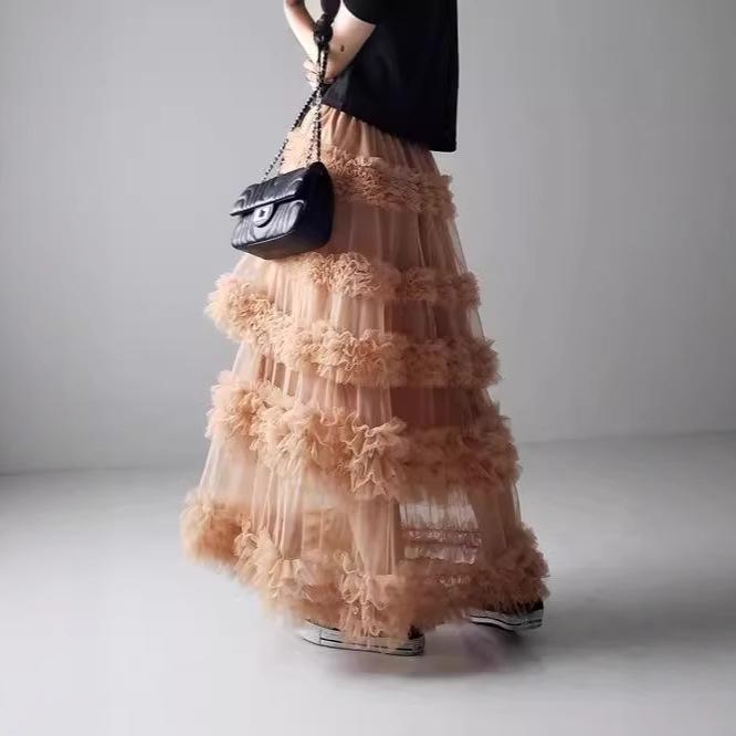 Japanese Style Spring/Summer Women's A-Line Midi Skirt with Anti-Exposure Hand-Stitched Three-Layer Net Yarn