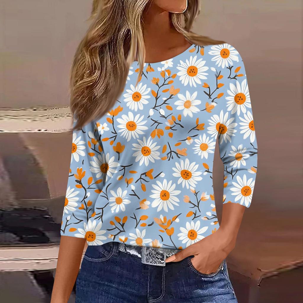 Damen Modisches Lässiges Rundhals-T-Shirt mit Blumendruck und Dreiviertelärmeln