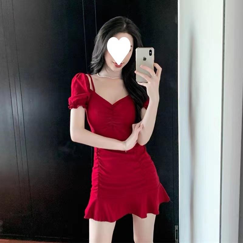 One-word Neck Dress Slim-fitting Bubble Sleeve Pleated Hip-wrapped Suspender Skirt Temperament Small Short Skirt Female Summer