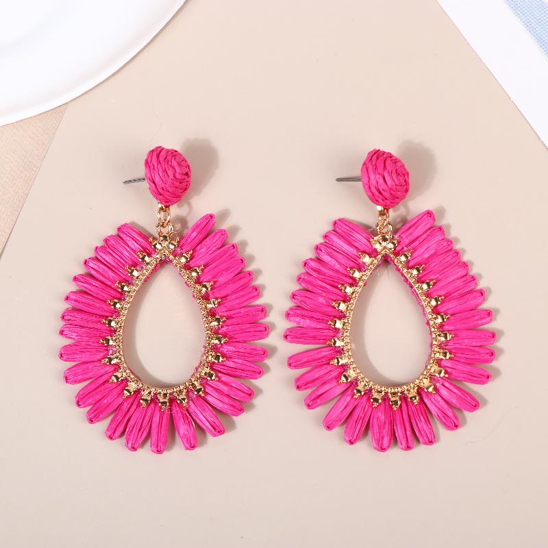 Exaggerated Handmade Retro Rattan Raffia Geometric Earrings Ethnic Style Summer Beach Women'S Tassel Earring