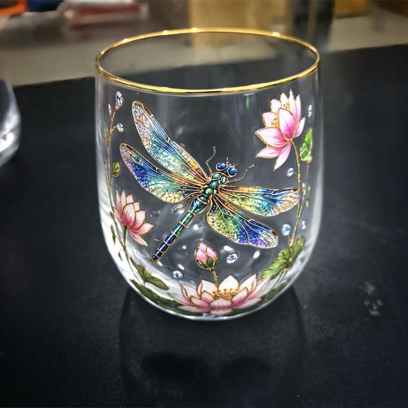 Vintage Painted Animal & Floral Gold Rim Glass Tumbler, Egg-shaped Lead-Free Glass Cup, Creative Gift Cup for Whiskey, Juice and Water