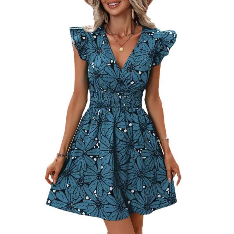 Women's Summer V-neck Waist Sexy Big Flower Ruffled Sleeveless Dress