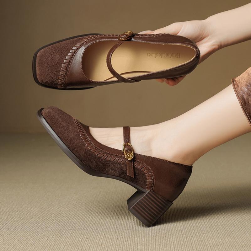 Fashion NEW Autumn/Spring Women Pumps Sheep Suede Leather Shoes for Women Round Toe Chunky Heel Shoes Buckle Strap High Heel Daily Shoes