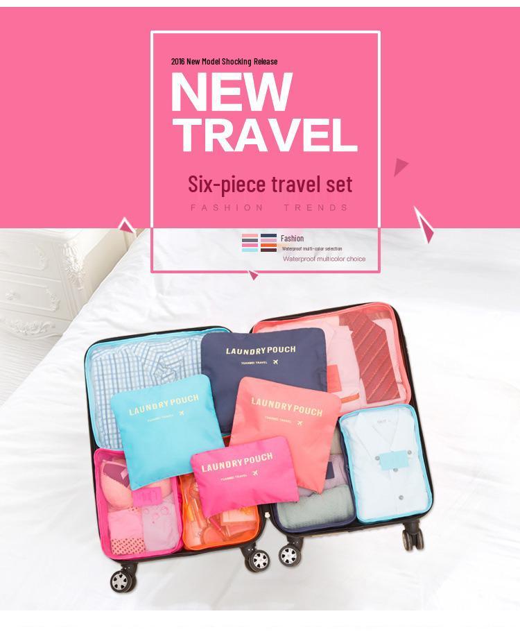 Conjunto de Armazenamento de Viagem de Seis Peças: Bolsas de Quatro Compartimentos para Roupa Íntima, Sacos de Grande Capacidade para Roupas e Sapatos em Mala