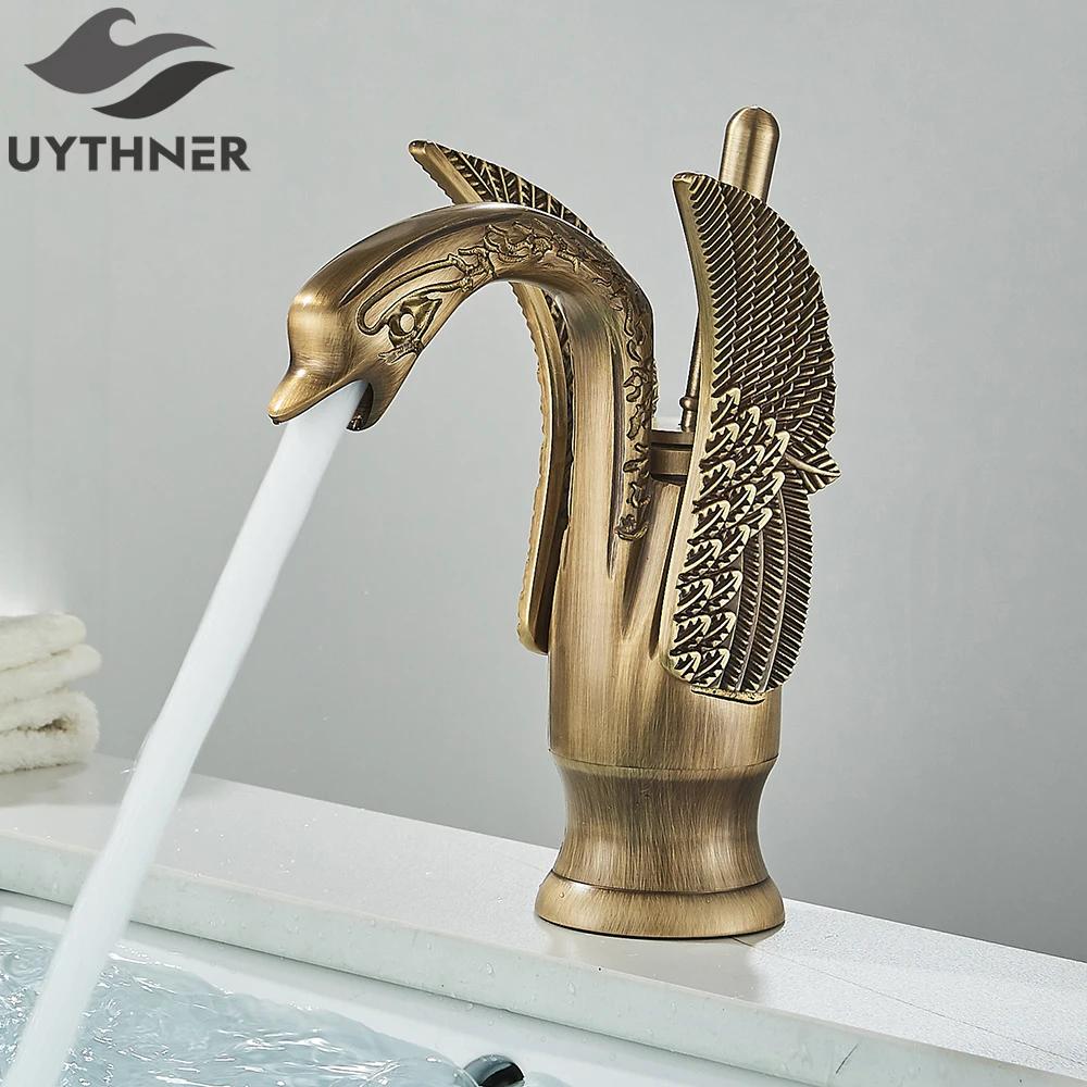 Uythner Luxury Swan Bath Basin Brass Faucet Cold and Hot Water Mixer Taps Black /Gold/Antique Bathroom Washbasin Crane