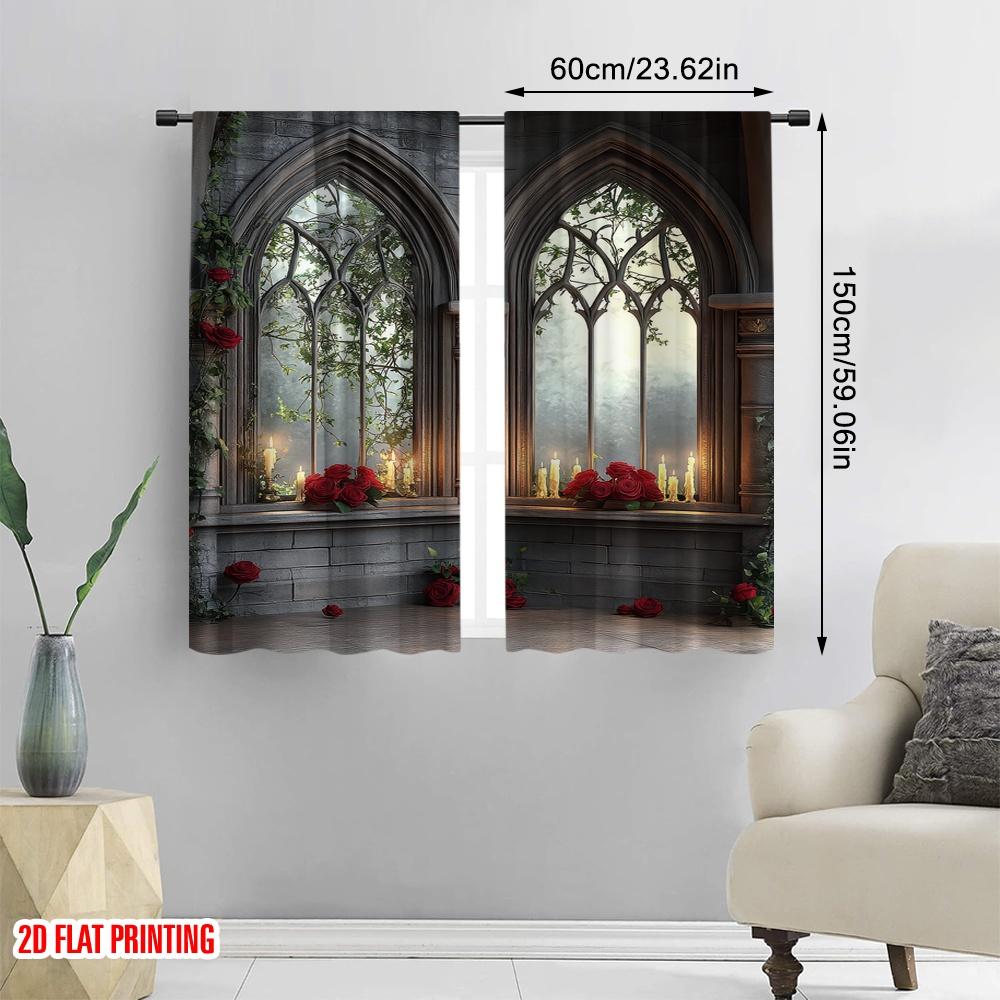 2D flat printing 2pcs Window Curtains Gothic Red Rose Flowers Polyester  Without Electricity Festive Backdrops Suitable for