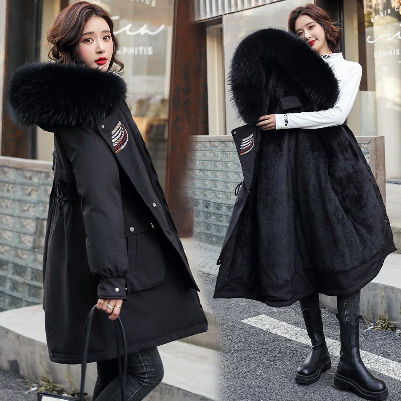 Womens Mid-Long Down Cotton Puffer Coat With Detachable Faux Fur Collar Winter Embroidered Outerwear