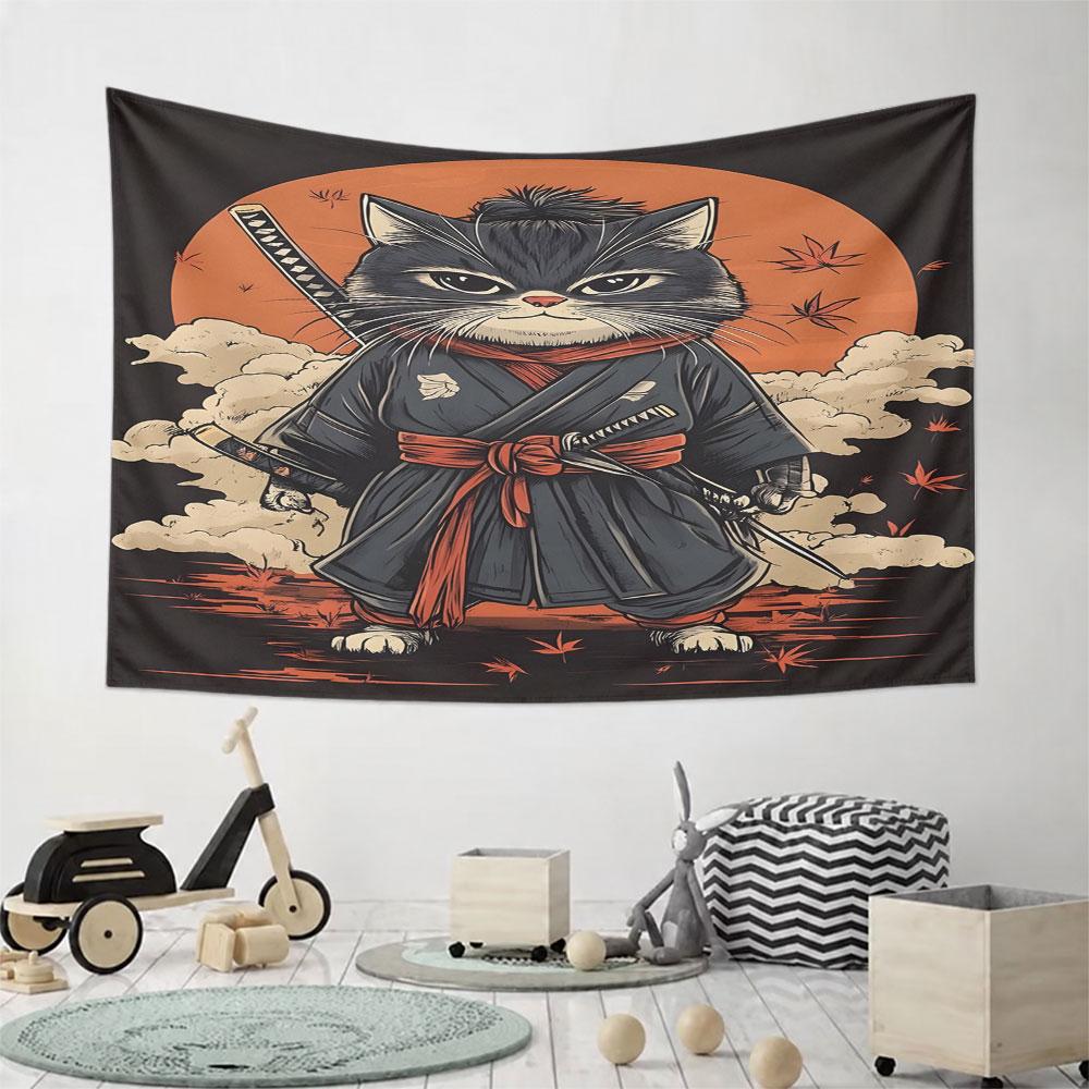 Samurai Cat with Katana and Red Sun Pattern Wall Hanging Tapestry Decorative Tapestry Home Decor for Bedroom and Living Room