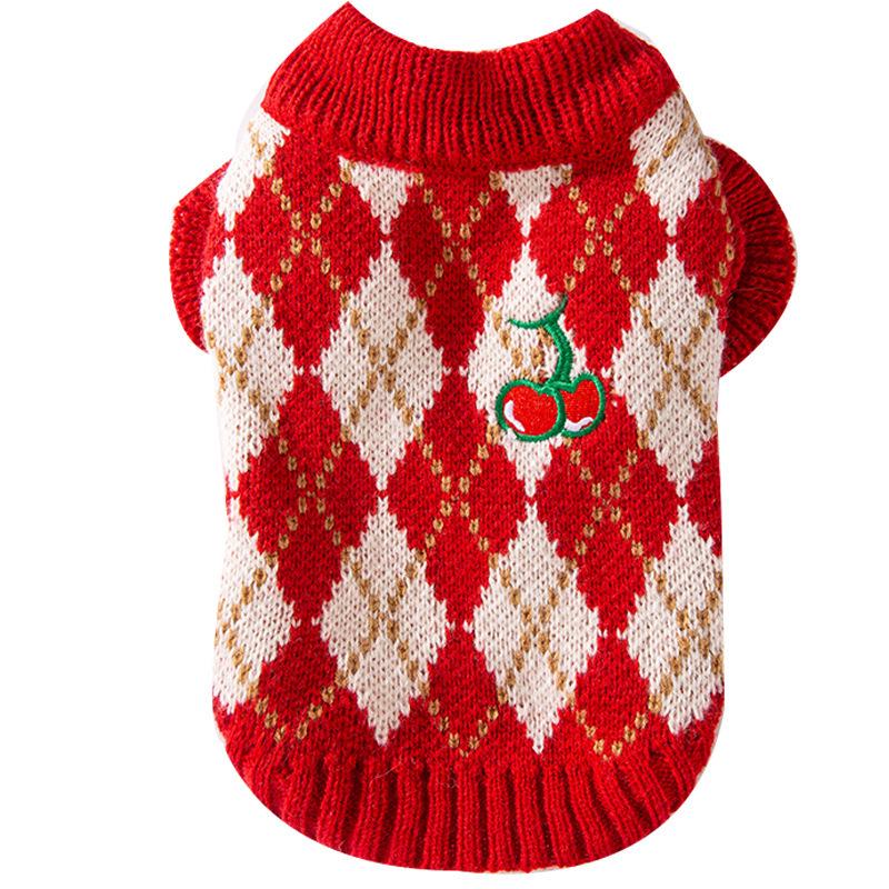 Cherry Rhombus Pet Sweater Autumn and Winter Thickened Sleeve Small Dog Clothing S красный
