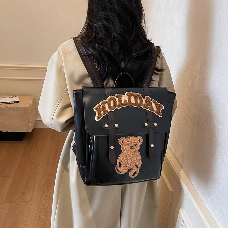 Retro Backpack Women Letter Bear Print Commuter Bag Large Capacity Student School Bag