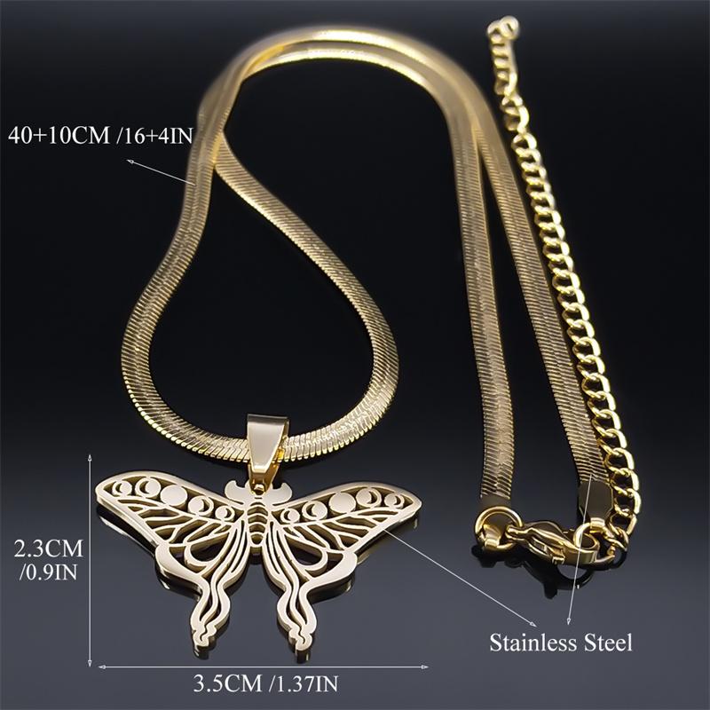Moth Pendant Necklace Witchcraft Moon Phase Choker for Women Stainless Steel Gold Color Clavicle Chain Necklaces Jewelry N8025