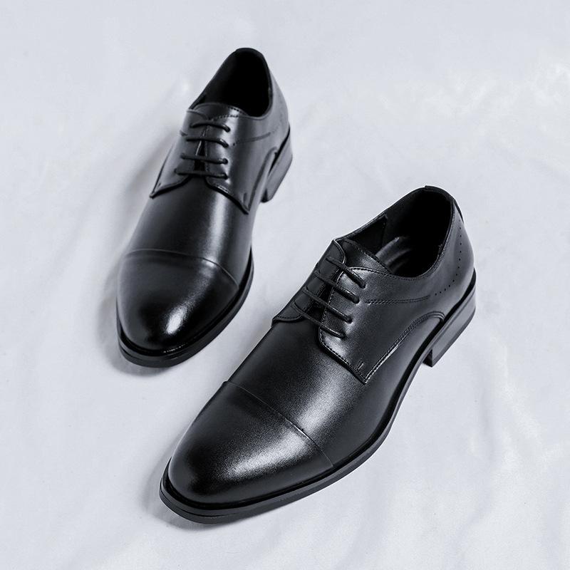 

Leather shoes men s spring new British style casual business dress men s leather shoes pointed derby shoes groom wedding shoes 38 чорний