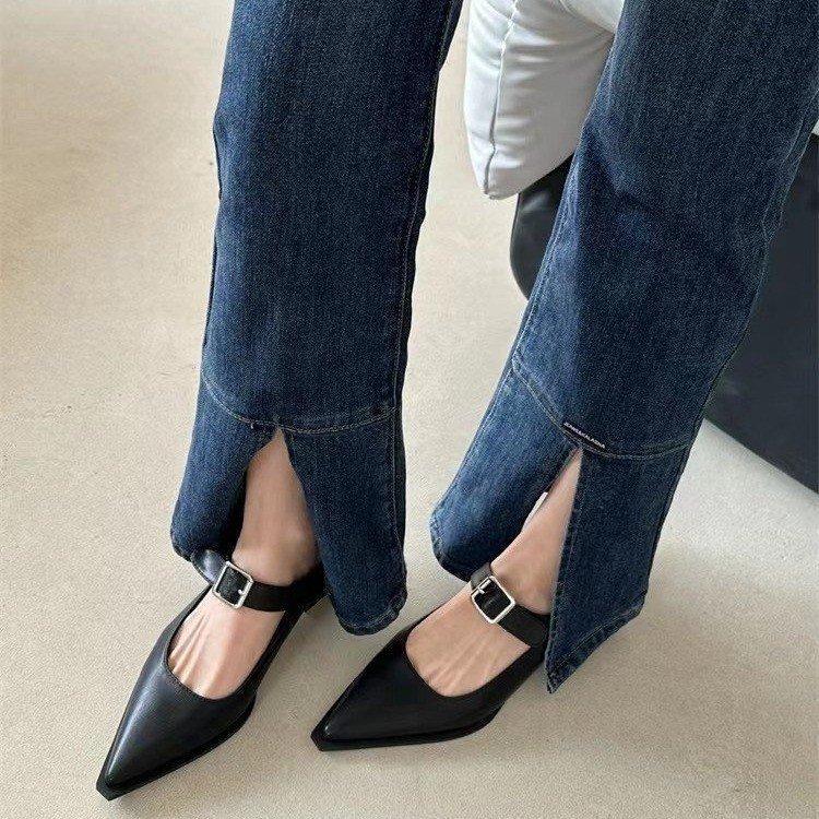 Thick Heel Women's Shoes 2025 Autumn New French Belt Buckle Mary Jane Women's Shoes Pointed Low Heel Shallow Mouth Single Shoes