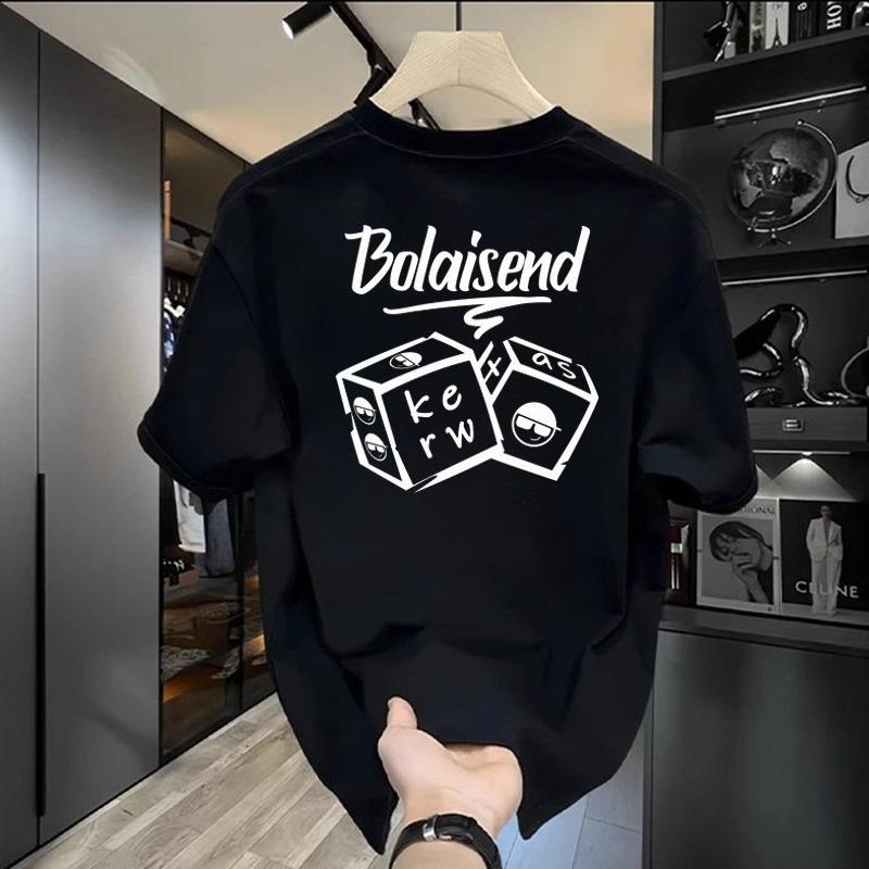 Summer Round Neck Letter "Bolaisend" and Dice Graphics Printed Top Fashionable Casual Pure Cotton Short Sleeved Men's T-shirts